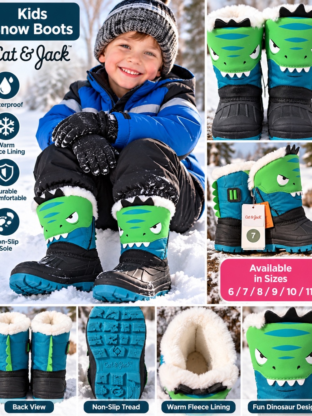 Cat & Jack Green and Blue Dinosaur Kids' Snow Boots
